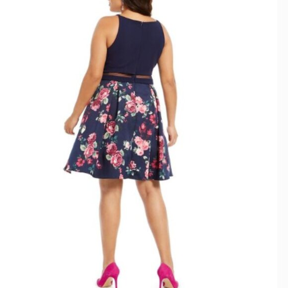 B Darlin Women's Illusion Floral-Print Fit & Flare Dress Navy Size 20 - Picture 2 of 4